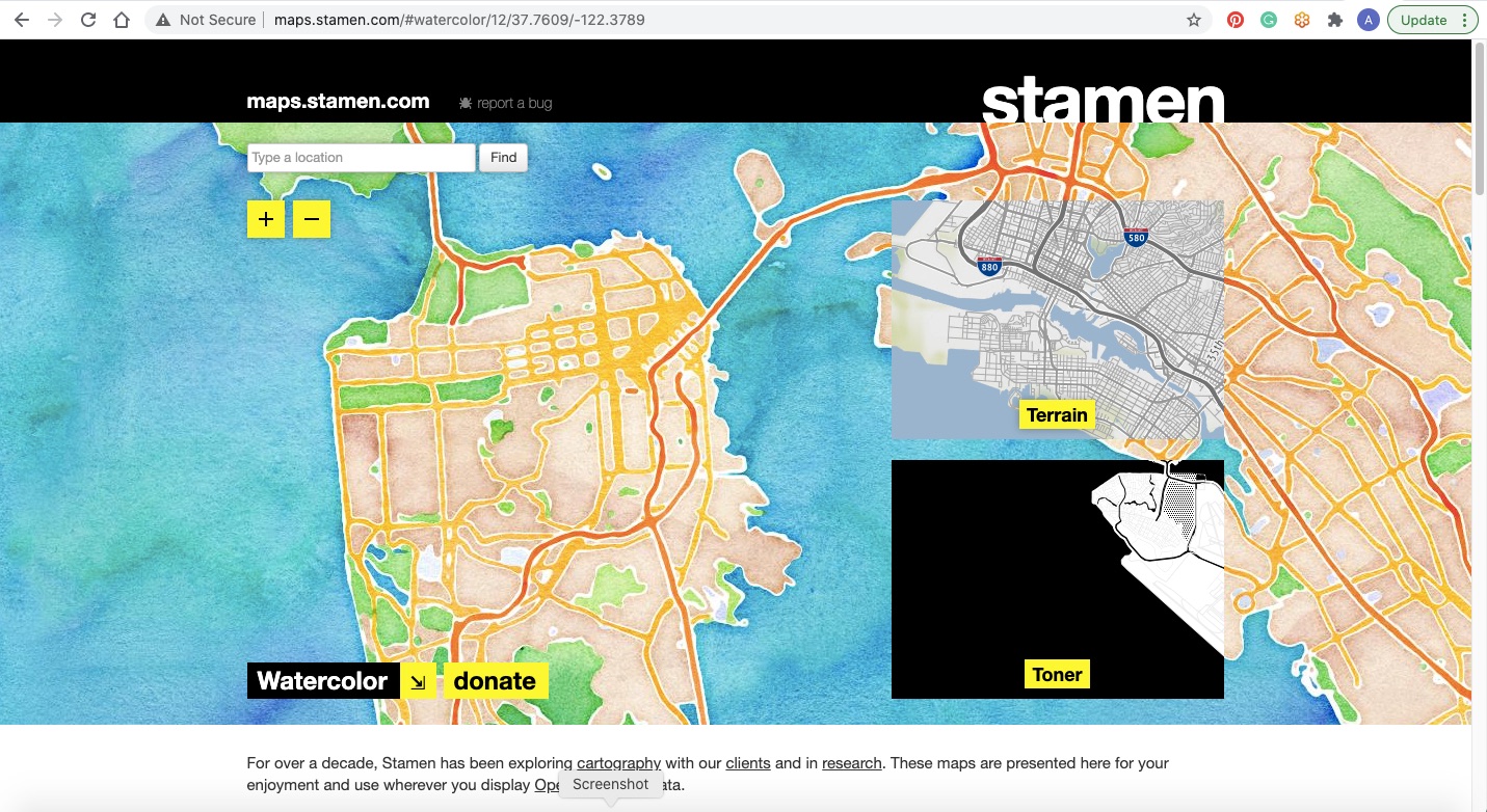 Stamen maptiles landing page highlighting watercolor map screenshot